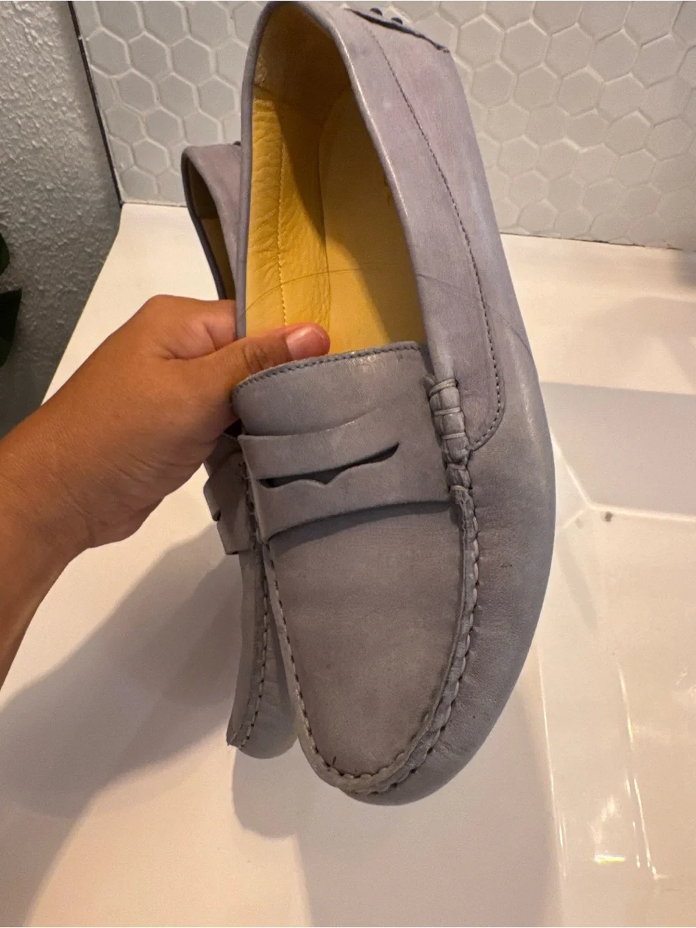 New M. Gemi The Pastoso in Light Gray Leather Penny Driving Loafers size 38.5
